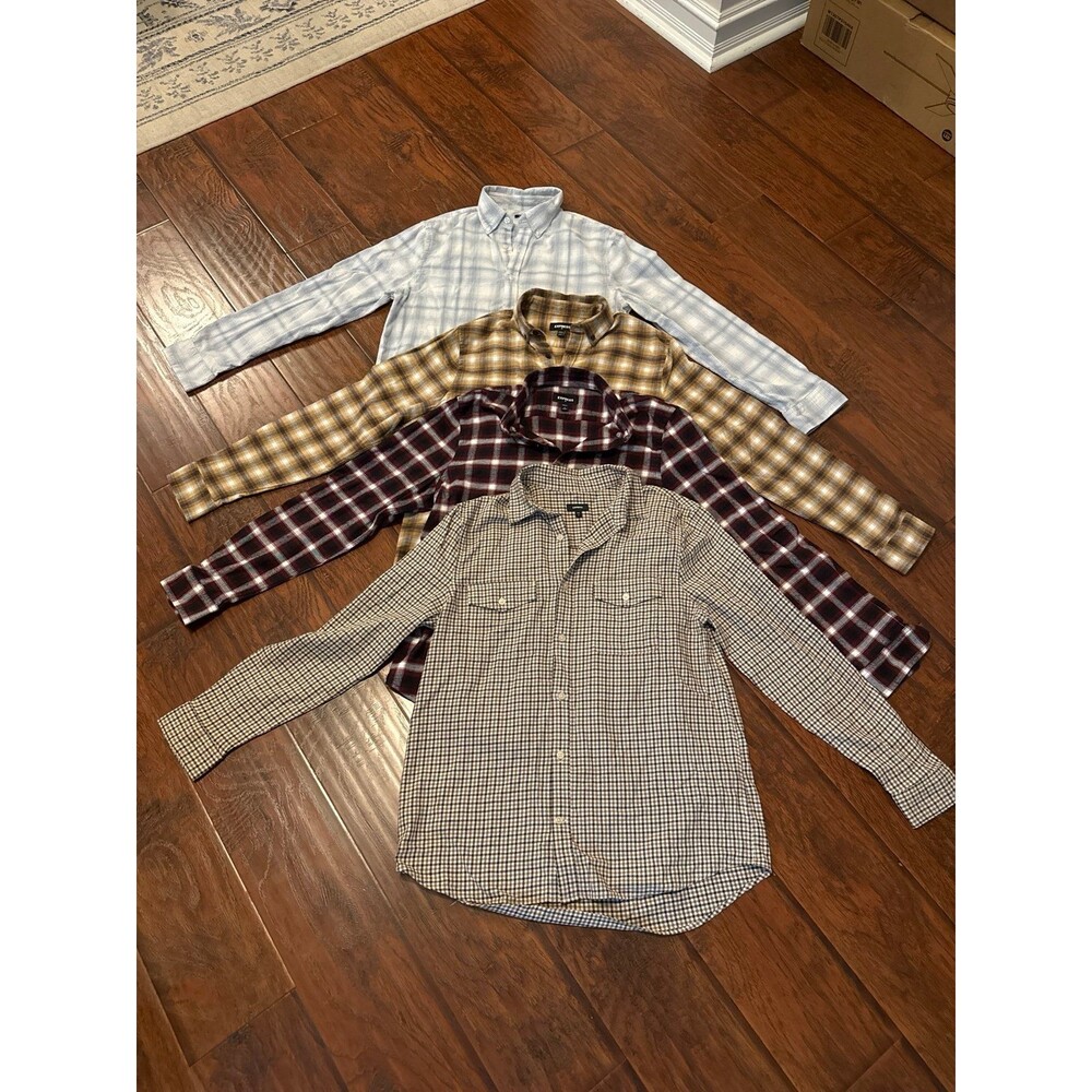 Express Men’s Medium Button Down Shirt Bundle 4 Pc Plaid Long Sleeve Lot